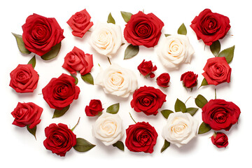 Red and white roses arranged on a white background.