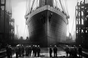 black and white vintage photograph of grandeur of Titanic's construction in 1910, with towering cranes surrounding the colossal hull. Workers in period attire diligently toil in dry dock. AI-generated - 650267682