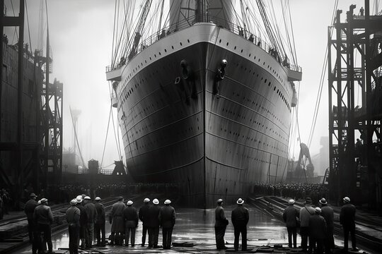 black and white vintage photograph of grandeur of Titanic's construction in 1910, with towering cranes surrounding the colossal hull. Workers in period attire diligently toil in dry dock. AI-generated