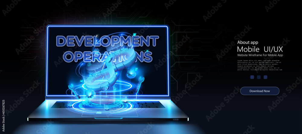 Poster developing of internet app or online website service. devops software development operations infinit