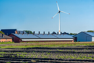Large windmill behind cattle shed with solar modules on the roof.  Paderborn, North...