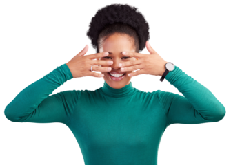 Hands, cover face and a black woman with hiding and eyes peak with a smile. African female person, model and happy with portrait and scared from gossip isolated on a transparent png background
