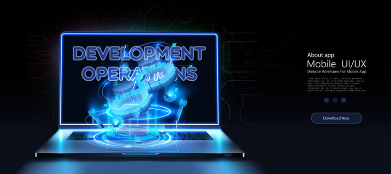 Developing of internet app or online website service. Devops software development operations infinity symbol. Landing page layout or banner template. Vector illustration