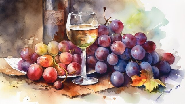 watercolor painting still life glass of wine, bottle and bunches of grapes
