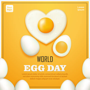 World Egg Day. Heart shaped eggs, hard boiled eggs and whole eggs. 3d vector, suitable for design elements, advertising and events