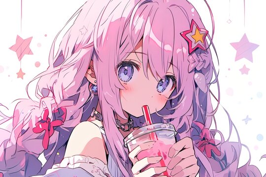 cute anime girl with purple hair drinking strawberry milkshake