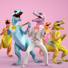 Put on a dinosaur costume Dancing mascot costume happy party fun. Generative AI