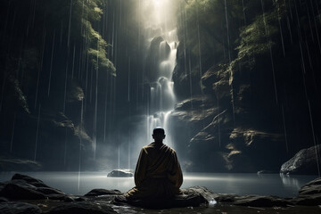 A traditional clothed religious monk is sitting an meditating with a concentrated floating in the air in the midst of a forest with  waterfall a spiritual place at night - obrazy, fototapety, plakaty