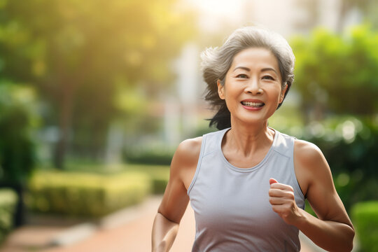 A beautiful strong Asian woman is running concentrated and smiling in a beautiful city park ; a fit senior person