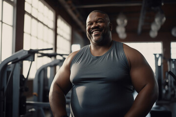 Fototapeta na wymiar A beautiful strong and fit African American man is exercising concentrated and smiling with dumbnells in a beautiful gym ; an obese adult