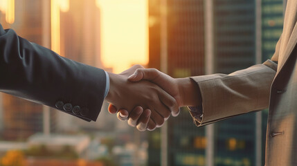 Two successful businessmen firmly shake hands to seal a lucrative business agreement