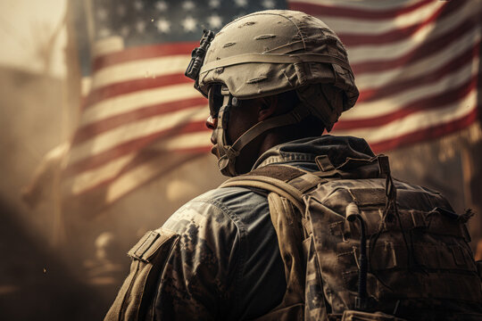 Portrait of African soldier in military gear against background of USA flag