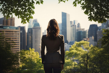 A latin entrepreneur or business woman are standing seen from the back with a modern suit with an urban and forest beautiful background ; career concept and a business background on a sunny day - obrazy, fototapety, plakaty