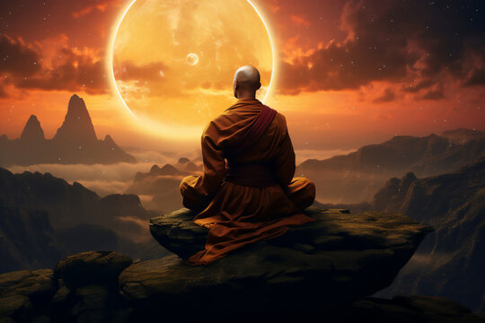 A traditional clothed religious monk is sitting an meditating with a concentrated in outer  space a spiritual place at sunset