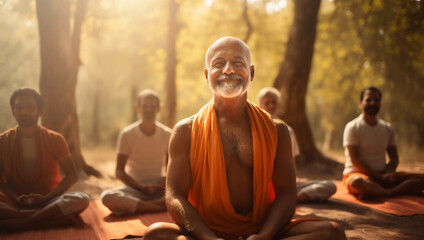 A group of senior happy man is meditating relaxed and mindfull with a yoga mat in a beautiful forest on a sunny day - obrazy, fototapety, plakaty