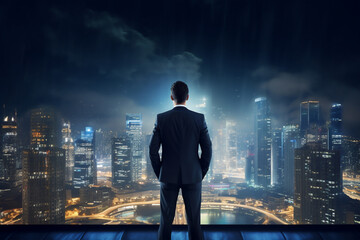 A latin entrepreneur or business man are standing seen from the back with a modern suit with sky-raisers in the beautiful background ; career concept and a business background at night