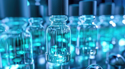Close-up of medical vials in various stages of production on the conveyor belt of a pharmaceutical factory's sterile environment