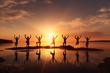 A group of adult happy man is doing yoga exercises relaxed and mindfull with a yoga mat on a beautiful beach at sunset