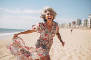 A senior old beautiful latin woman is running on the sand next to the waterline with a dress on an European beach with a calm ocean - summer weather beach walk relaxing