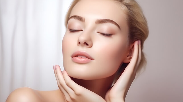 Beautiful Blonde Woman With  Healthy Skin Looks At The Camera And Touches Her Face With Her Hands. Natural Makeup Of A Young Beautiful Model On A Studio Background With Copy Space. Cosmetic Concept