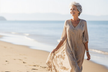 A senior old beautiful caucasian woman is walking on the sand with a dress on an European beach with a calm ocean - summer weather beach walk relaxing - obrazy, fototapety, plakaty