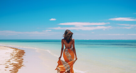 A young and beautiful african american woman is walking on the sand next to the waterline with a dress on a tropical beach with a calm ocean - summer weather beach walk relaxing