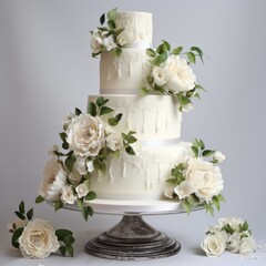 Obraz na płótnie Canvas A multi-tiered white wedding cake adorned with flowers. Its elegant tiers and floral accents create a stunning centerpiece for the celebration.