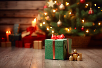 An one green christmas gift box are on the floor in front of a decorated christmas tree with red christmas socks in a wooden cabin or light hut christmas atmosphere