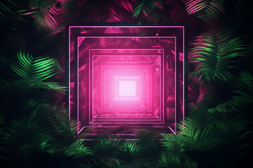 A light and fluorescent glowing geometric square is glowing brightly with a concept a tropical forest creative background neon fluorescent background banner wallpaper