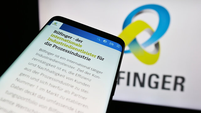 Stuttgart, Germany - 09-14-2023: Smartphone with website of German construction company Bilfinger SE on screen in front of business logo. Focus on top-left of phone display.