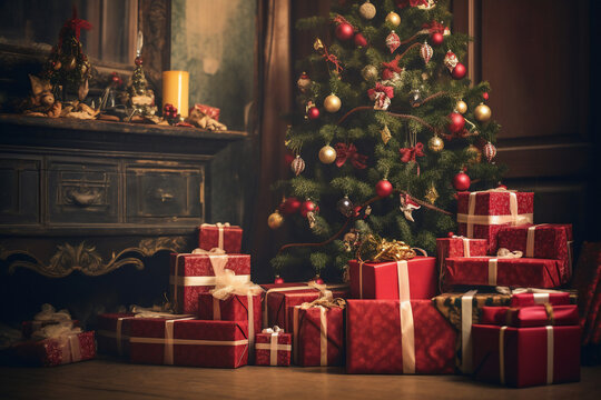 An one christmas gift box are on the floor in front of a decorated christmas tree with red christmas socks in an old room with worn out dark furniture christmas atmosphere
