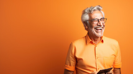 An elderly man smiling and laughing with his phone against a colored background.