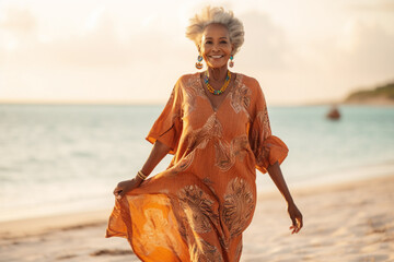 A senior old beautiful african american woman is walking on the sand with a dress on a tropical beach with a calm ocean - autumn weather beach relaxing - Powered by Adobe
