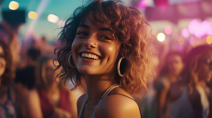 A beautiful young woman is having fun at a music festival in summer - Powered by Adobe