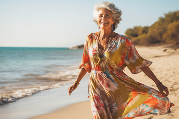 A senior old beautiful latin woman is walking on the sand next to the waterline with a dress on a tropical beach with a calm ocean - autumn weather beach relaxing