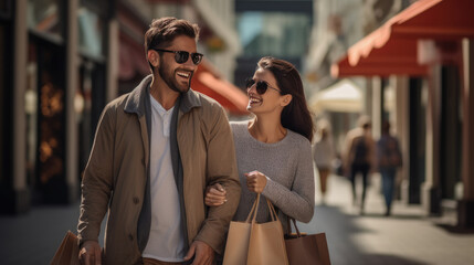Young couple is walking down the street with bags while shopping