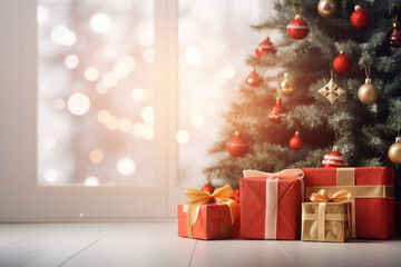 A several christmas gift box are on the floor in front of a decorated christmas tree with red christmas socks in a modern living light room christmas atmosphere