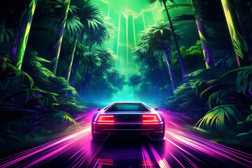 A light and fluorescent glowing geometric square is glowing brightly with a concept a background of creative cars neon fluorescent background banner wallpaper
