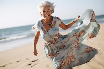 A senior old beautiful latin woman is running on the sand with a dress on an European beach with a calm ocean - summer weather beach walk relaxing