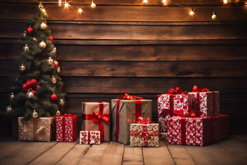 A several christmas package is on the floor in front of a decorated christmas tree with red christmas socks in a wooden cabin or dark hut christmas atmosphere