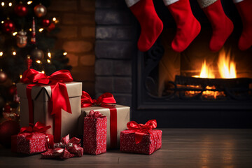 An one christmas package is on the floor in front of the chimney with red christmas socks in an old living dark room christmas atmosphere