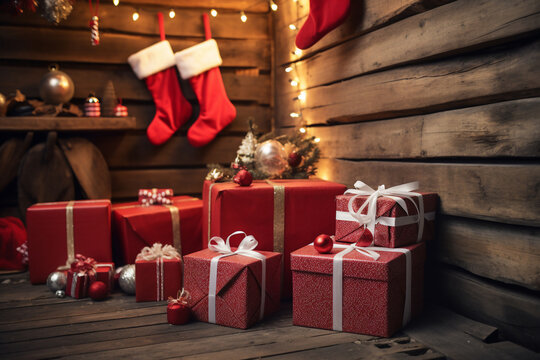 A several red christmas package is on the floor in front of the chimney with red christmas socks in a wooden cabin or light hut christmas atmosphere