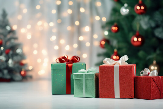 A several green christmas gift box are on the floor in front of a decorated christmas tree with red christmas socks in a modern living light room christmas atmosphere