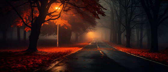 Autumn Foliage Forest DSLR Fog Night Road in the Center, Generative AI