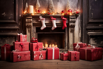 A several red christmas gift box are on the floor in front of the chimney with red christmas socks in an old room with worn out light furniture christmas atmosphere