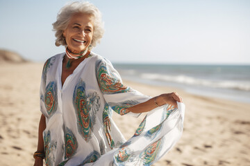 A senior old beautiful latin woman is walking on the sand next to the waterline with a dress on an European beach with a calm ocean - spring weather beach relaxing - obrazy, fototapety, plakaty