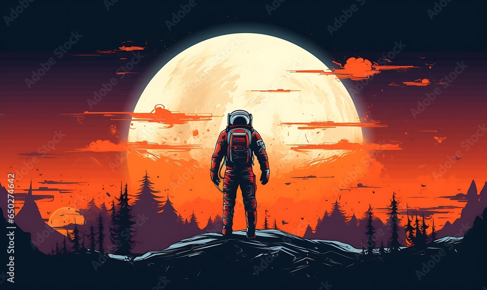 Sticker cartoon style astronaut with cool orange sky background, generative ai