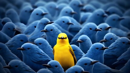 A vibrant yellow bird stands out in a crowd of identical blue birds, symbolizing individuality, uniqueness, and the courage to be different in a conformist society.