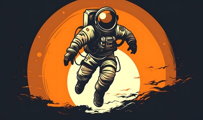 cartoon style astronaut with cool orange sky background, Generative Ai