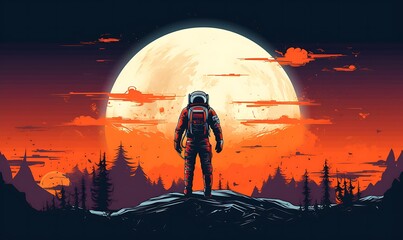 cartoon style astronaut with cool orange sky background, Generative Ai